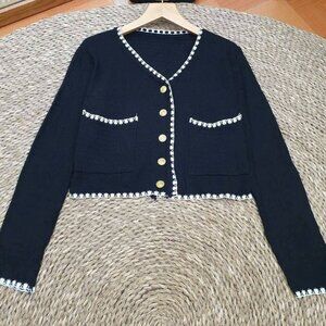 Navy Gold Button Tweed Trim Cropped Knit Jacket